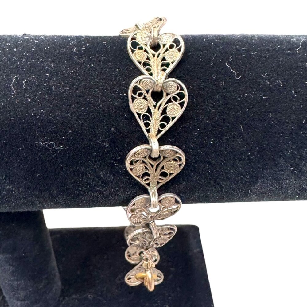 Vtg 8" Sterling Silver Heart Filigree Bracelet Tennis Link Valentines Love Gift